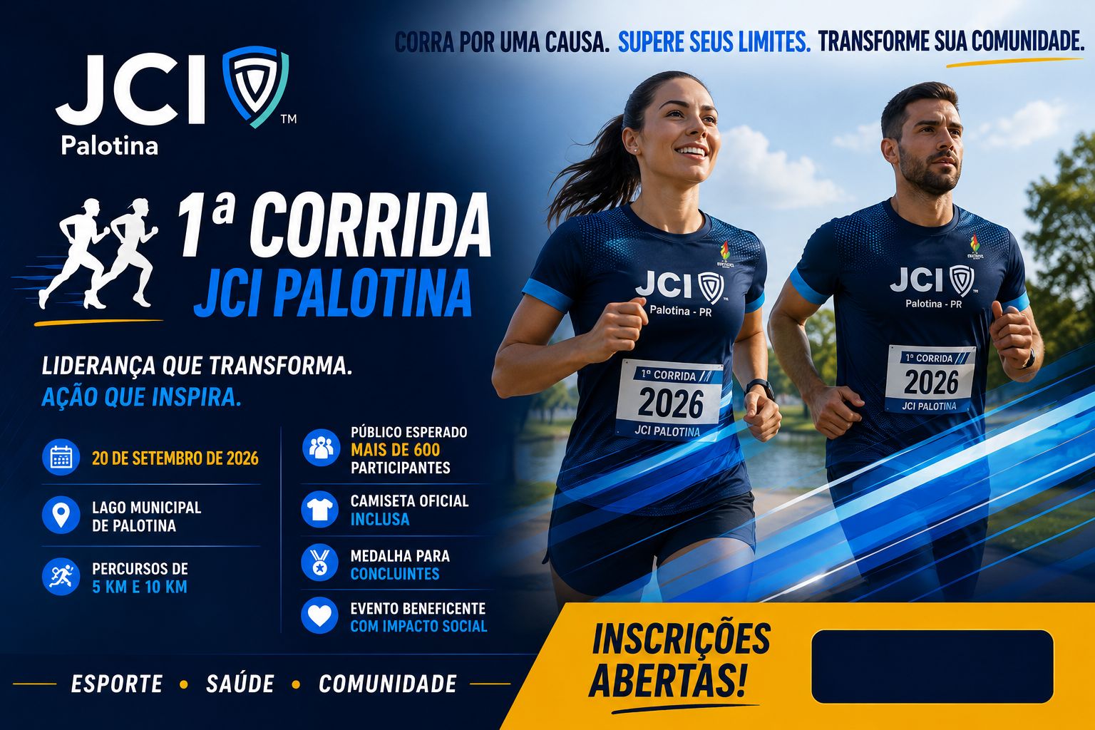 Banner do evento 1ª CORRIDA JCI PALOTINA – CAMARA JUNIOR INTERNACIONAL DE PALOTINA
