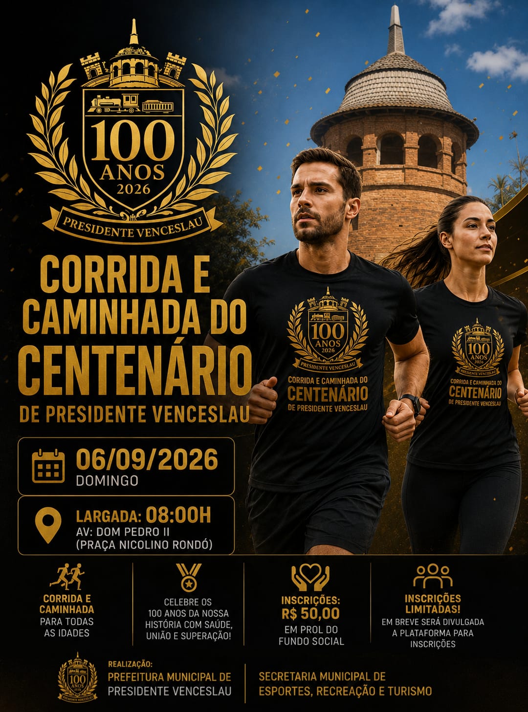 Banner do evento CORRIDA E CAMINHADA DO CENTENÁRIO DE PRESIDENTE VENCESLAU - SP.
